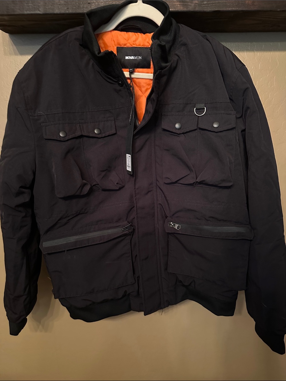 Men's Black Bomber Jacket with Orange Lining